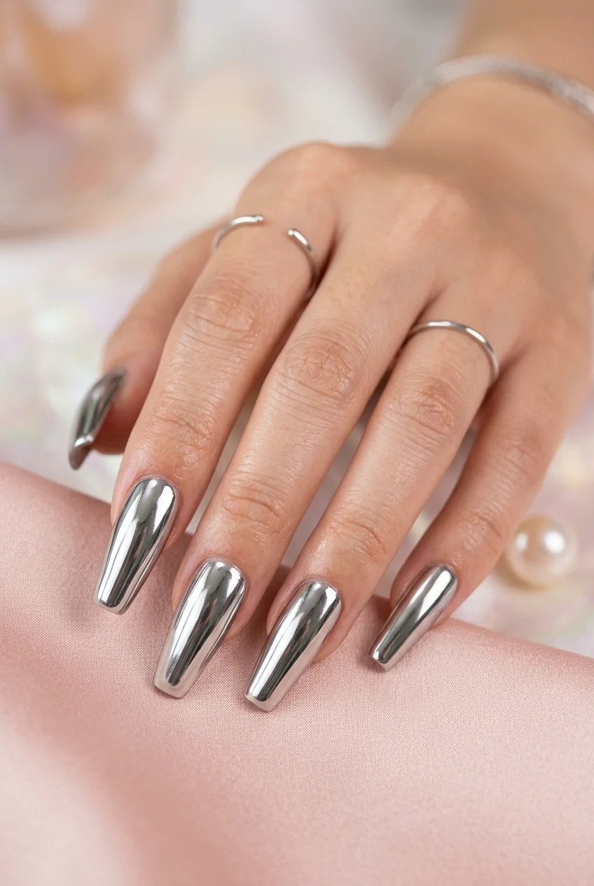 Hyper-Realistic Liquid Mercury Mirror Coffin Nails - aespa nail designs (AI Generated Image)