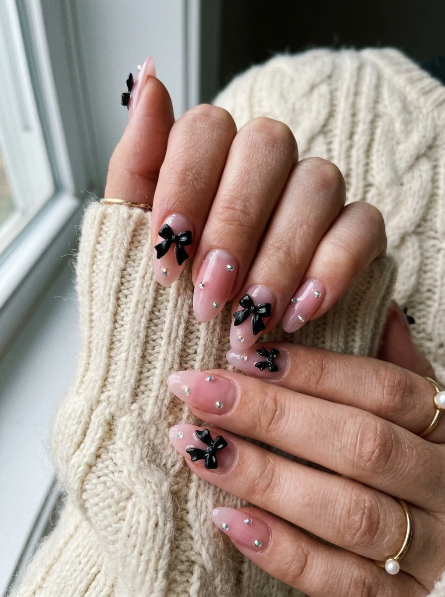 Jennie-Inspired Coquette Blush Jelly Nails with 3D Black Micro Bows - blackpink nail designs (AI Generated Image)
