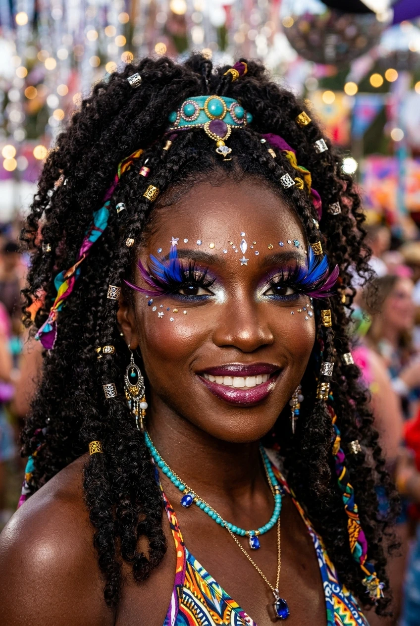 8. Jewel-Tone Fantasy Spikes with Cobalt and Plum Accents on Dark Skin - anime lashes black women (AI Generated Image)