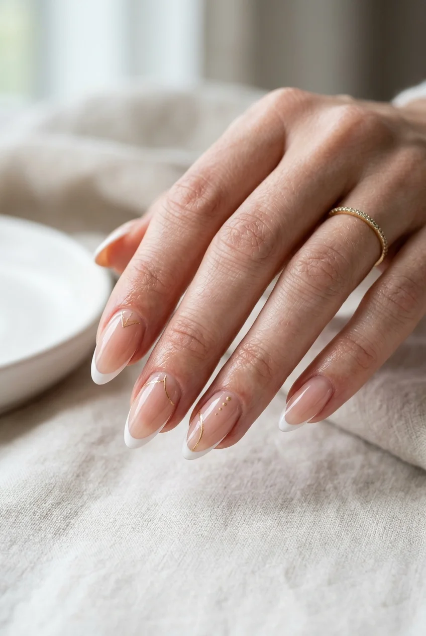 Jiniret Sleek Ferret Minimalist White & Gold Liner Nails - stray kids nail designs (AI Generated Image)