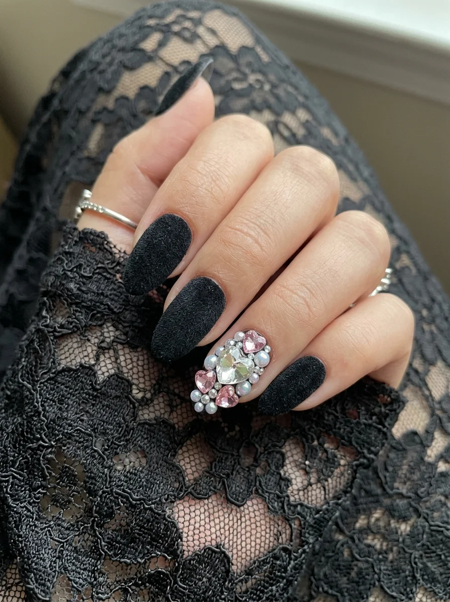 Jisoo's Royal Black Velvet Matte Nails with 3D Crystal Heart Charms - blackpink nail designs (AI Generated Image)