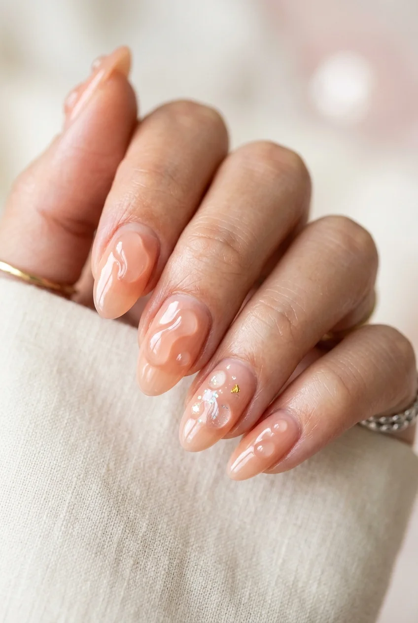 3D Korean Gel Puddle Droplets on Sheer Syrup Base - jungkook inspired nails (AI Generated Image)