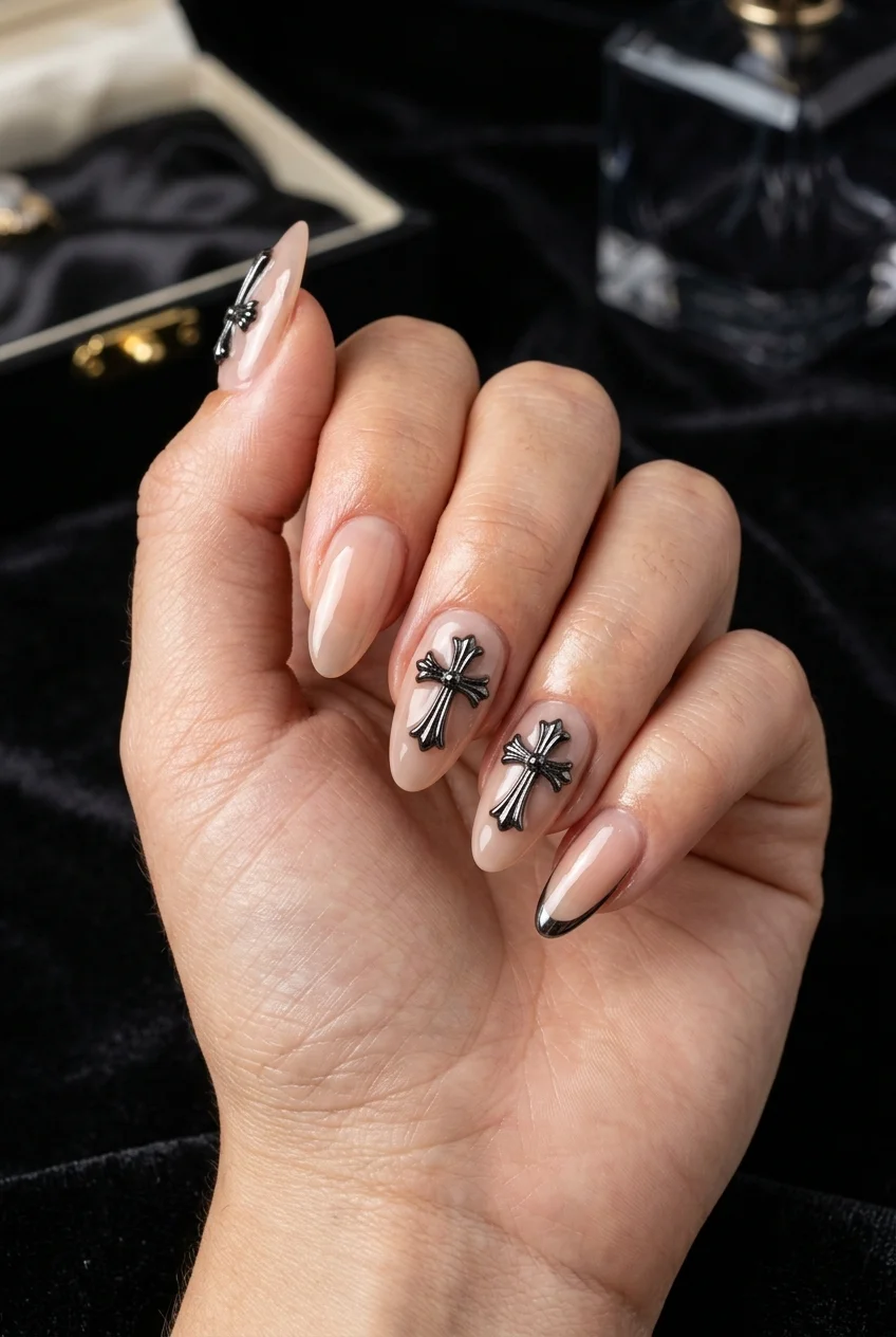 48W High-Gloss Cured Gothic Black Cross Accents - jungkook inspired nails (AI Generated Image)
