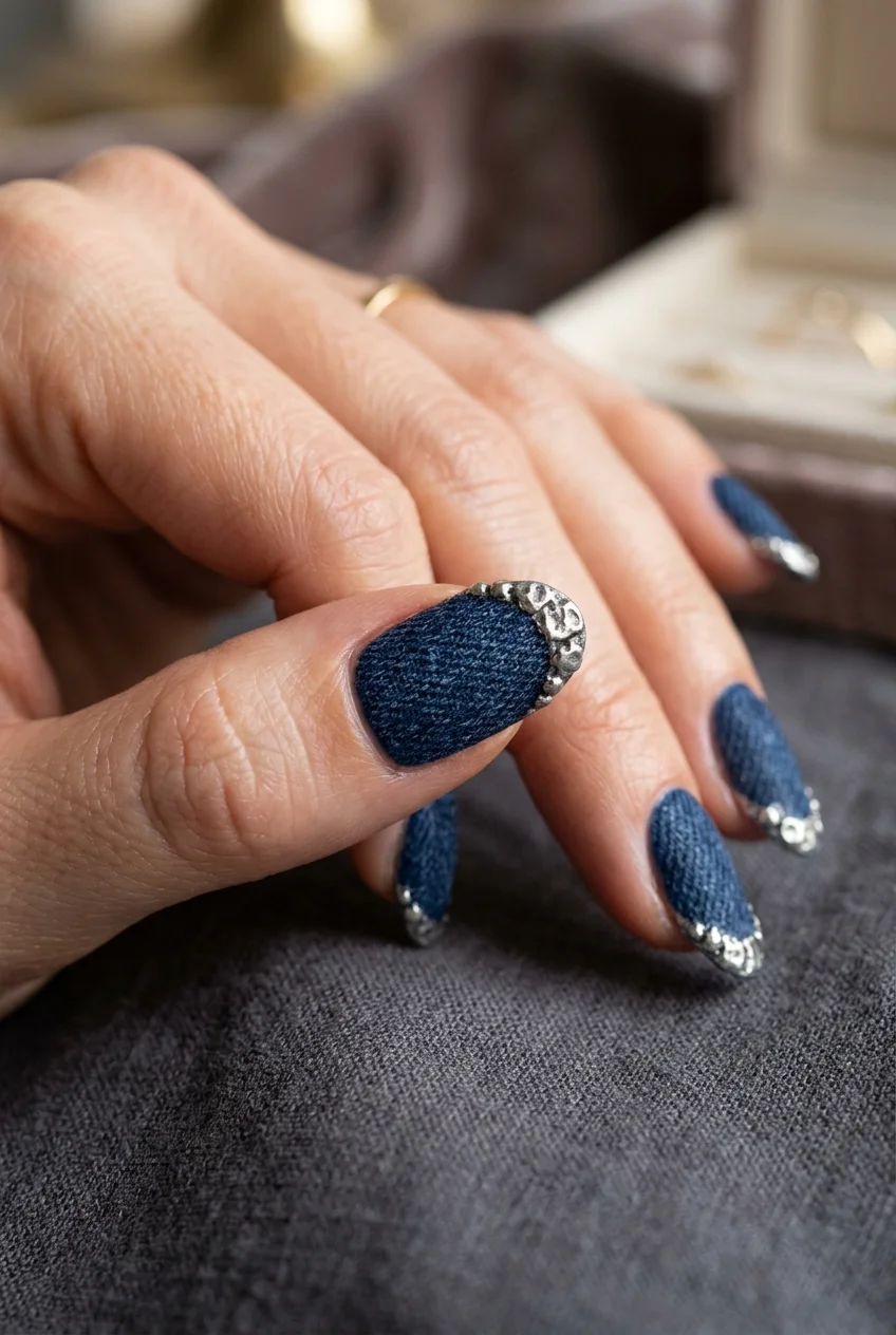Calvin Klein Denim & Raw Silver Stud French Set - jungkook inspired nails (AI Generated Image)
