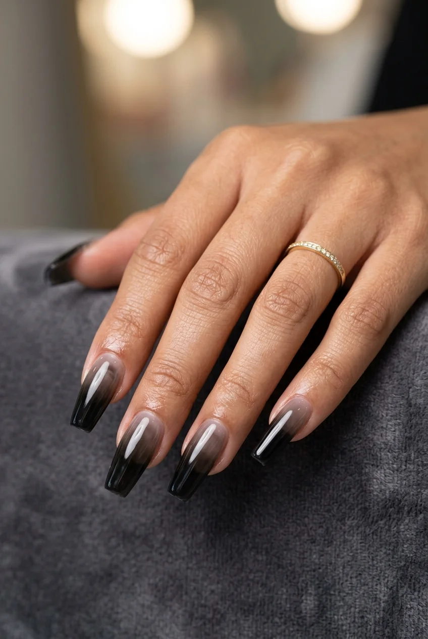 Diami Canoe Coffin Extensions with Smoked Obsidian Ombré - jungkook inspired nails (AI Generated Image)