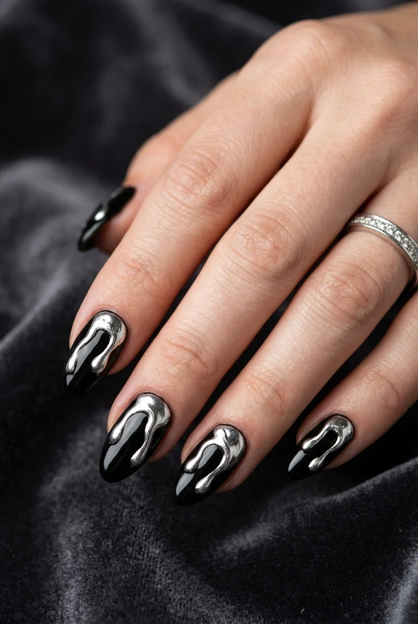 3D Molten Chrome Drips Over Jet Black Gel - jungkook inspired nails (AI Generated Image)