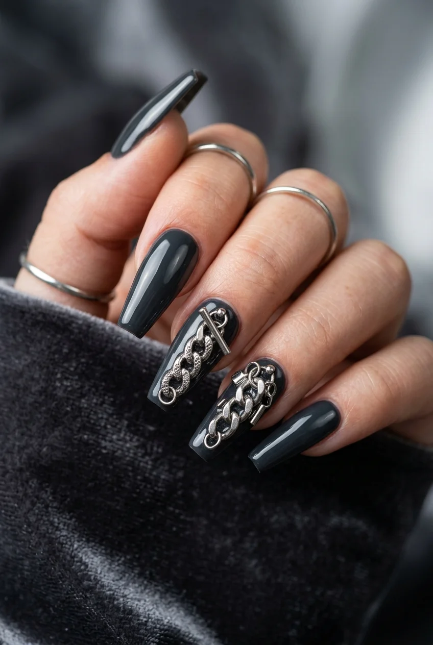 Aprés Gel-X Sculpted Coffin Nails with Chunky Chain Charms - jungkook inspired nails (AI Generated Image)