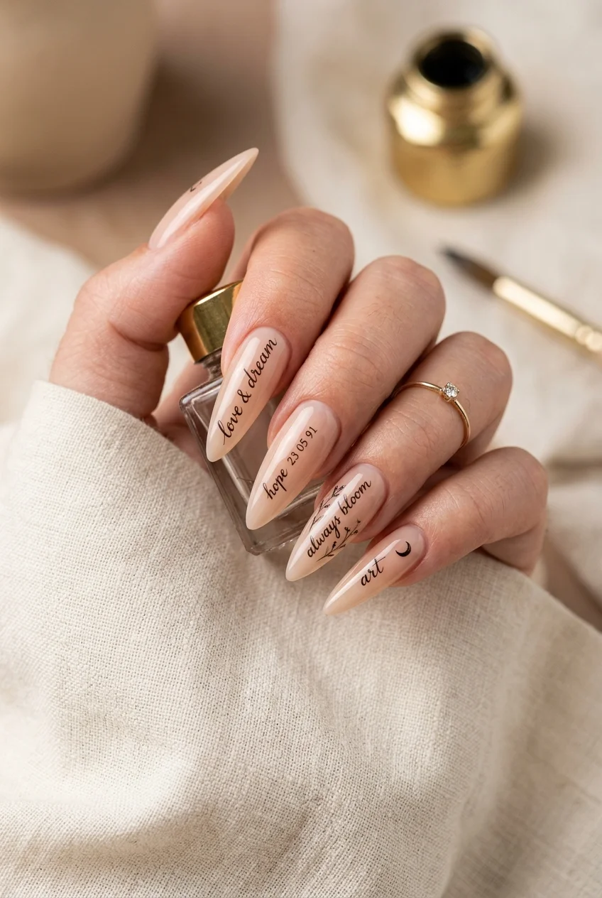 ARMY & 0613 Micro-Calligraphy Nude Stiletto Nails - jungkook inspired nails (AI Generated Image)