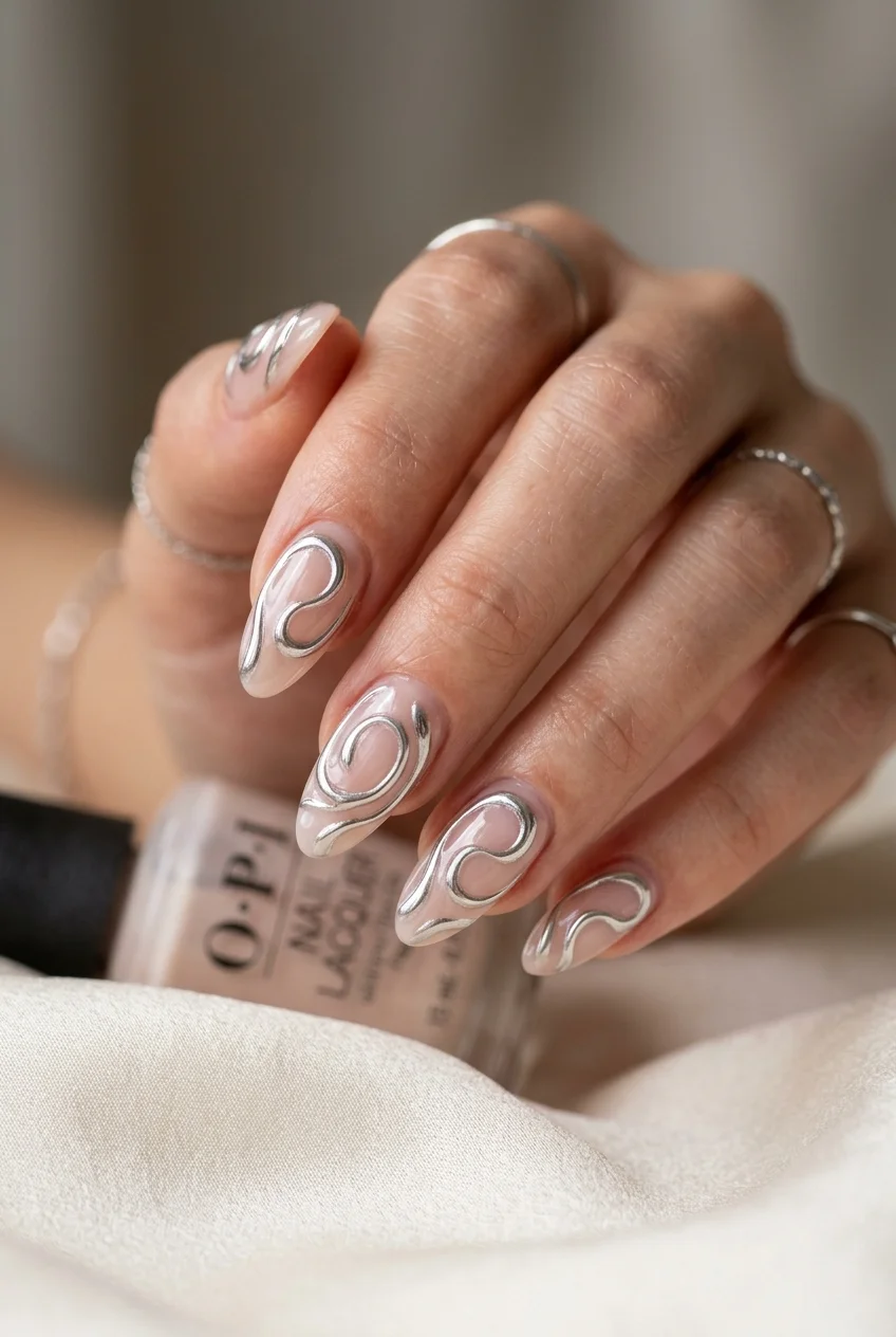 Daily Charme Mirror Silver Swirls on Translucent Blush - jungkook inspired nails (AI Generated Image)