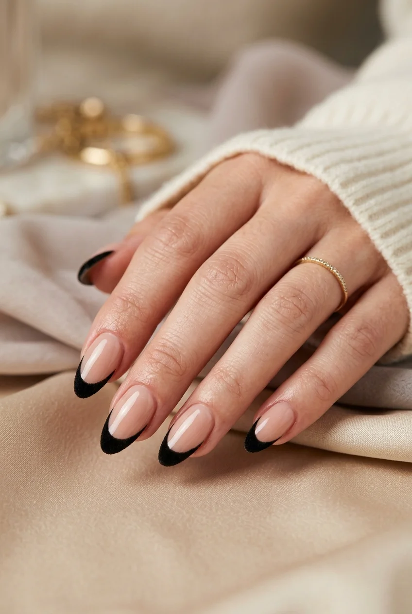 F+ Plump Syrup Gel Nude Base with Black Velvet Tips - jungkook inspired nails (AI Generated Image)