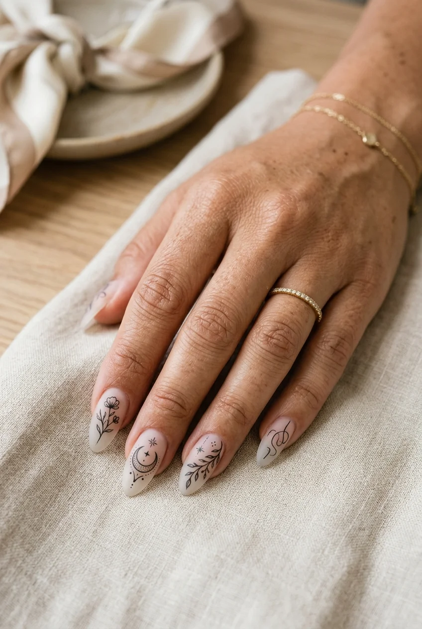 Fine-Line Ink Tattoo Art on Matte Frosted Tips - jungkook inspired nails (AI Generated Image)
