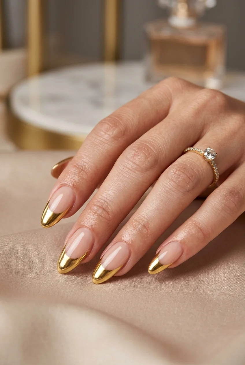 'Golden' Mirror Chrome Liquid Metal French Tips - jungkook inspired nails (AI Generated Image)