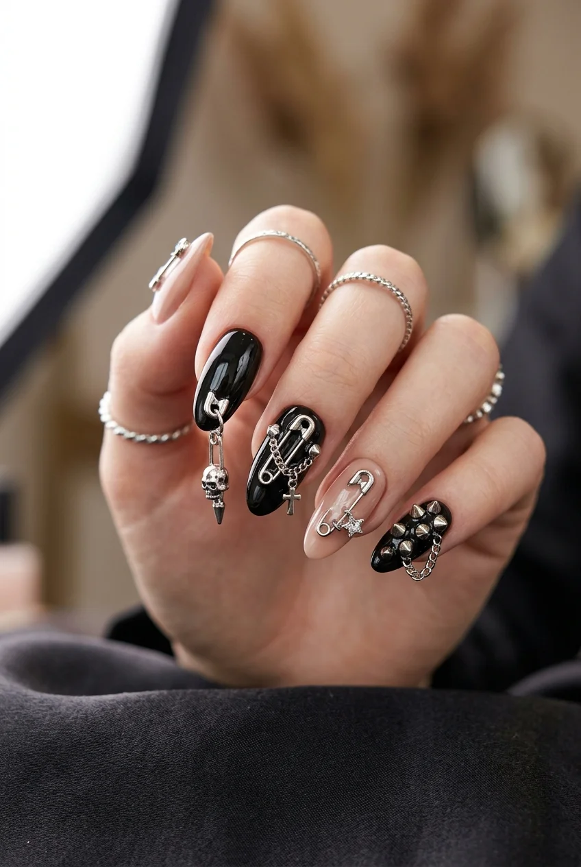Hard Gel Sealed Chunky Punk Safety Pin Accents - jungkook inspired nails (AI Generated Image)