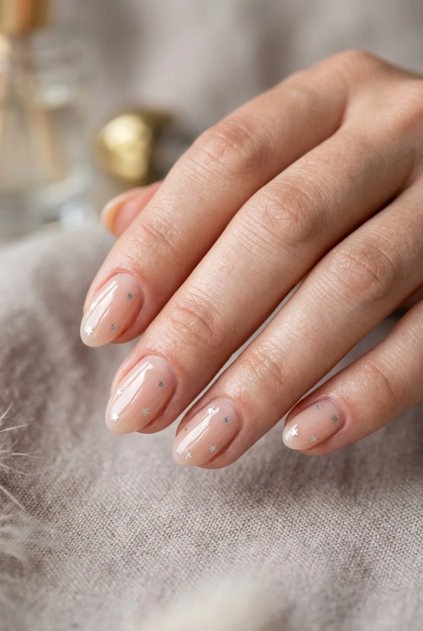 Kokoist Glass-Finish Sheer Nude with Micro Silver Stars - jungkook inspired nails (AI Generated Image)