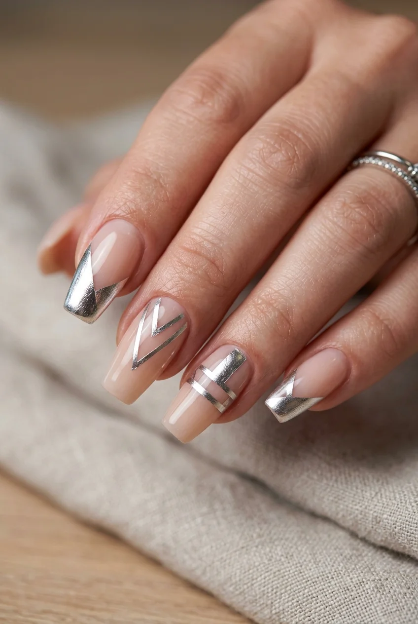 Negative Space Geometric Framing with Silver Foil - jungkook inspired nails (AI Generated Image)