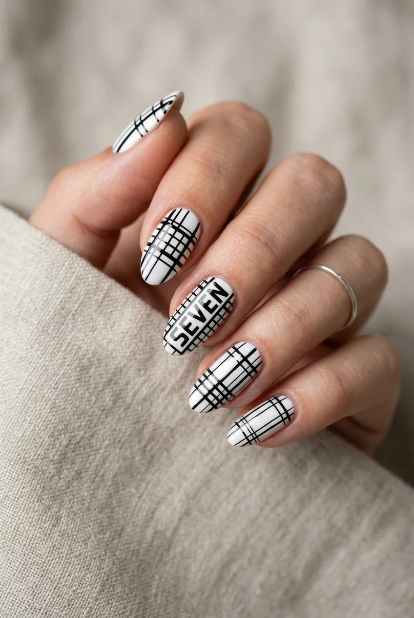 'Seven' Monochrome High-Contrast Graphic Grid - jungkook inspired nails (AI Generated Image)