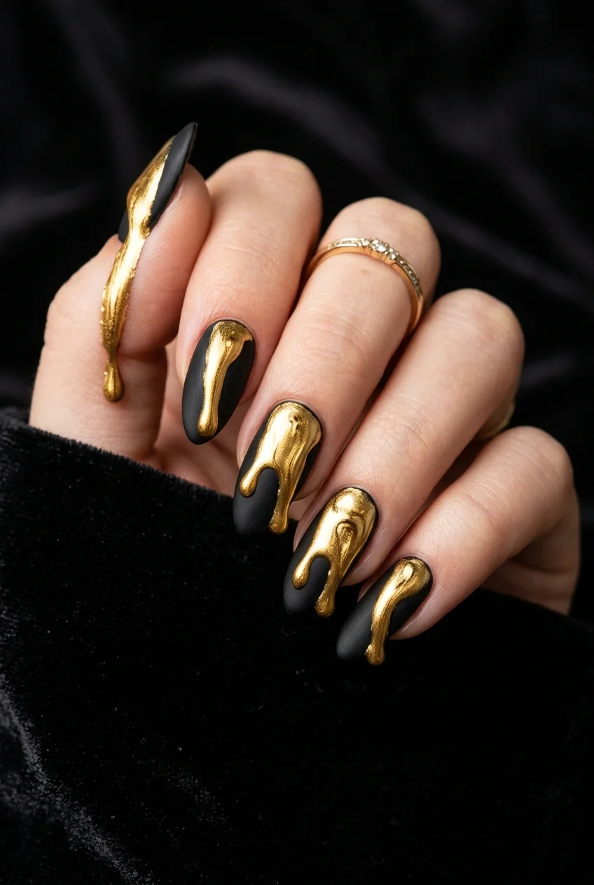 'Standing Next to You' Molten Gold & Velvet Onyx Nails - jungkook inspired nails (AI Generated Image)