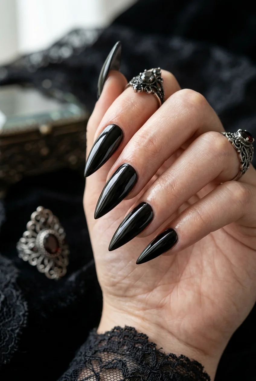 Wrinkle-Free Flash-Cured Jet Black Stiletto Claws - jungkook inspired nails (AI Generated Image)