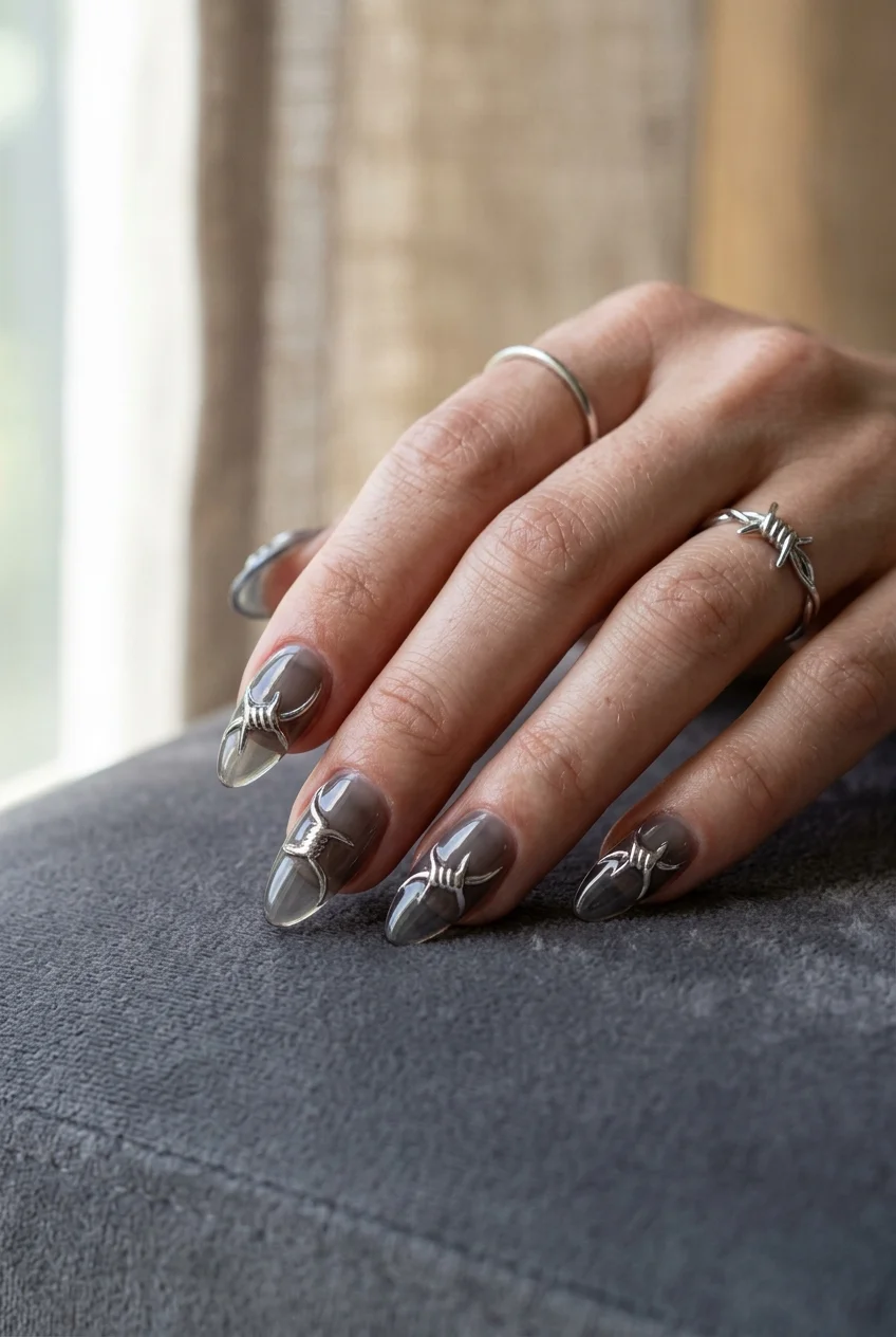 Leafgel Sculpted 3D Chrome Barbed Wire Details - jungkook inspired nails (AI Generated Image)
