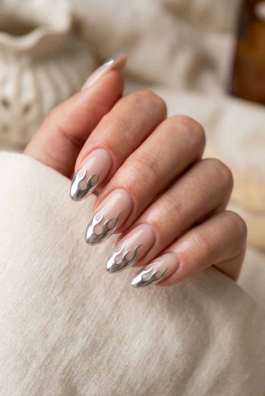 Liquid Chrome Flame Cuticle Accents on Milk Gel - jungkook inspired nails (AI Generated Image)