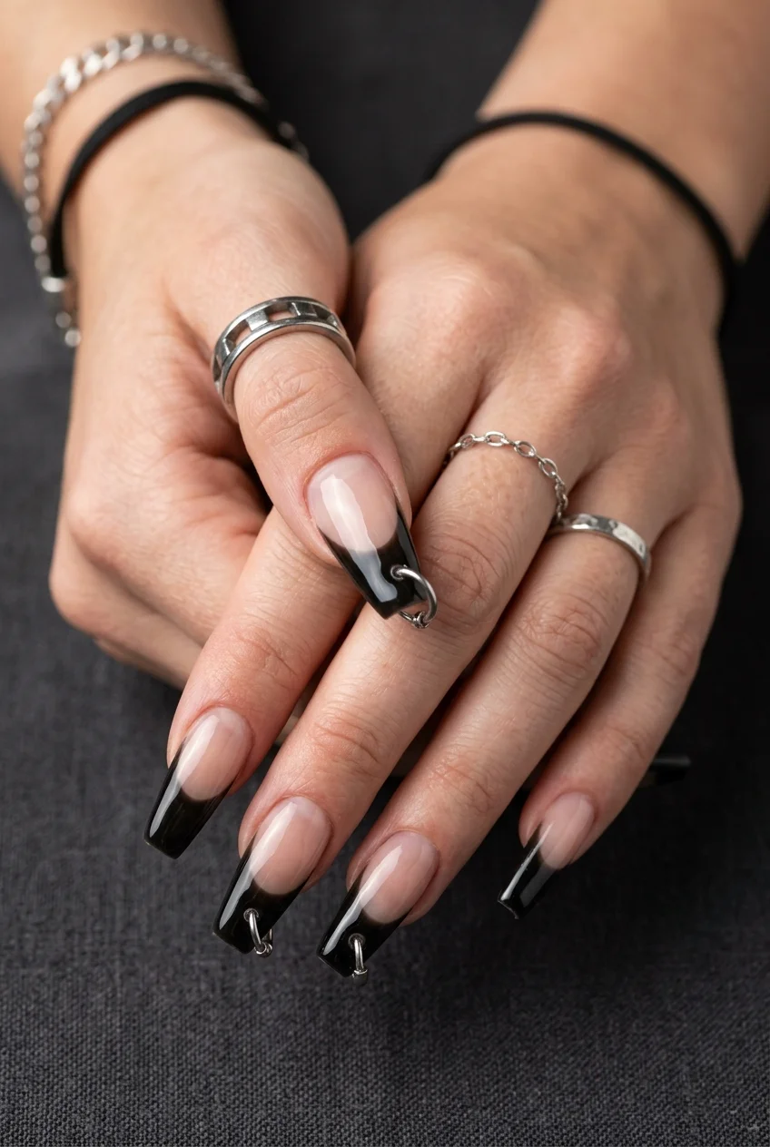 Pierced Tip Grunge Nails with Industrial Silver Hoops - jungkook inspired nails (AI Generated Image)