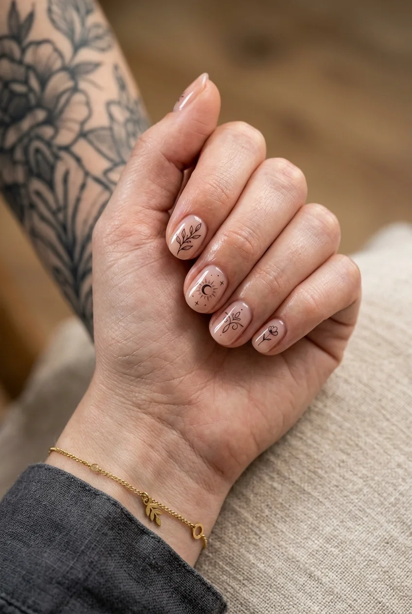 Sleeve Tattoo Micro-Inked Sheer Syrup Nails - jungkook inspired nails (AI Generated Image)