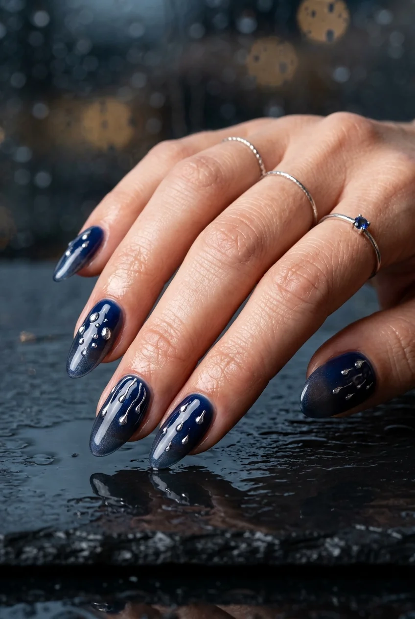 'Still With You' Rainy Midnight Blue Jelly Ombré - jungkook inspired nails (AI Generated Image)