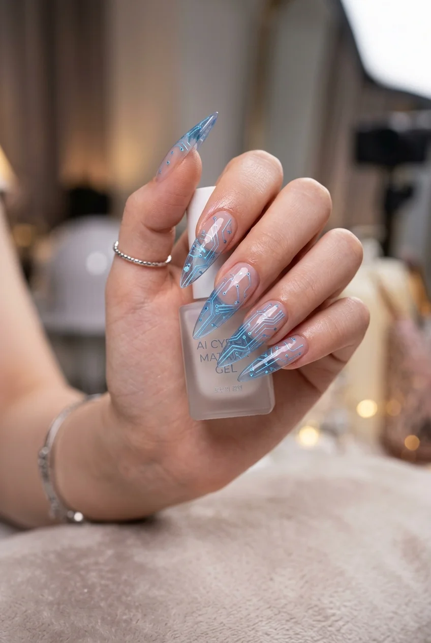 Karina AI Cyber Matrix Translucent Stiletto Nails - aespa nail designs (AI Generated Image)