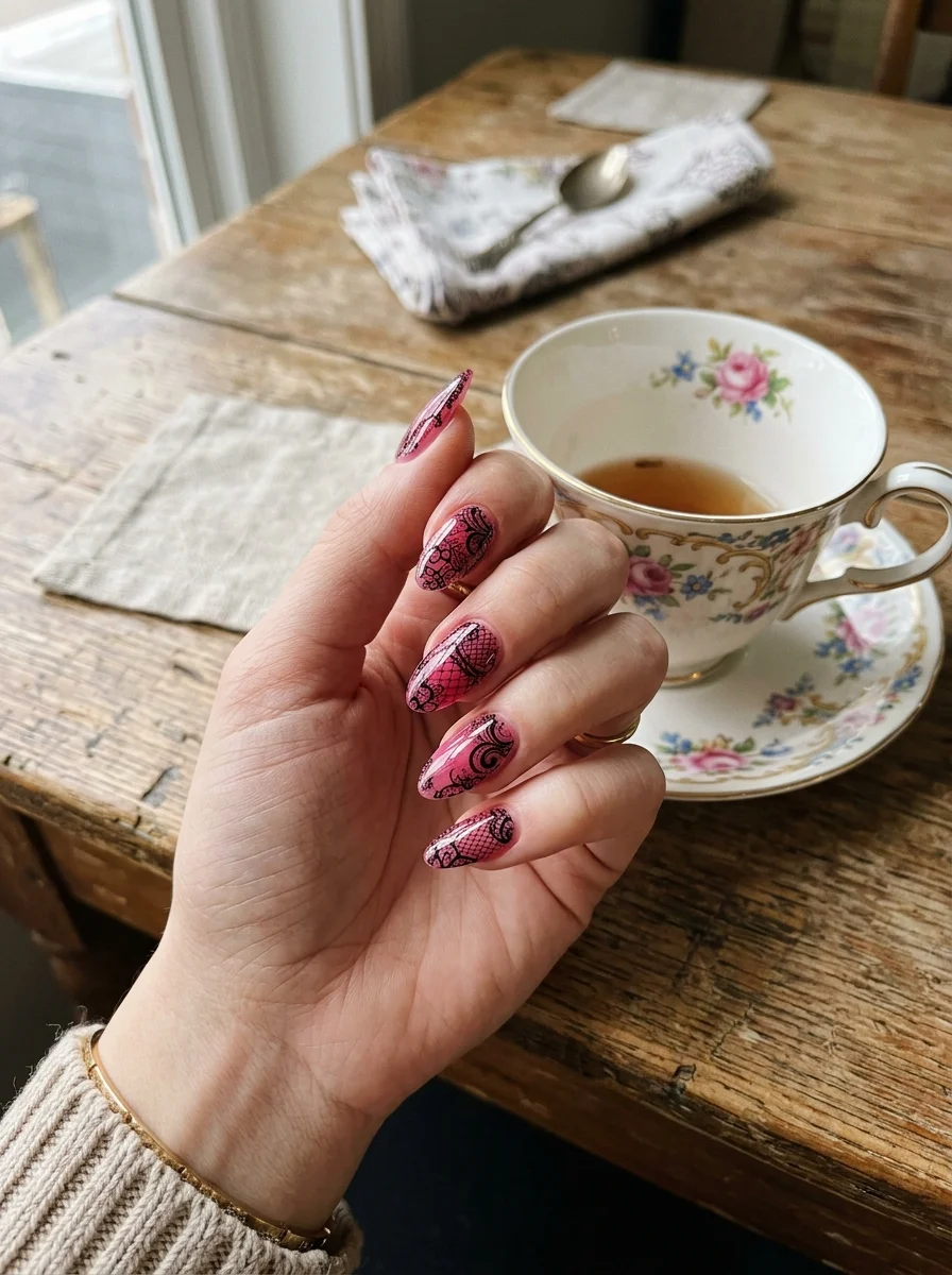 Korean Syrup Jelly Stacking with Black Lace Nail Stamping - blackpink nail designs (AI Generated Image)