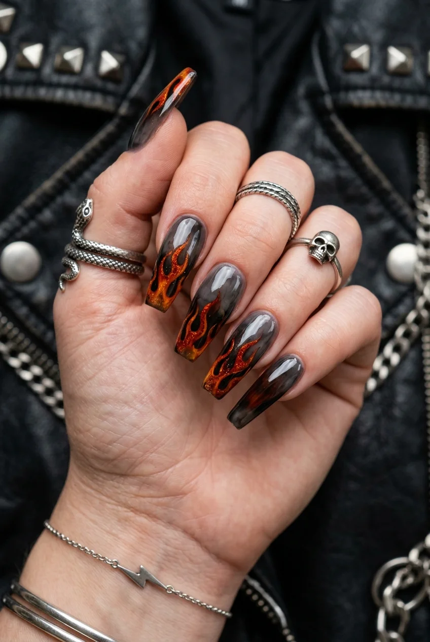 LALALALA Flame Art & Smoked Glass Ombré Coffin Nails - stray kids nail designs (AI Generated Image)