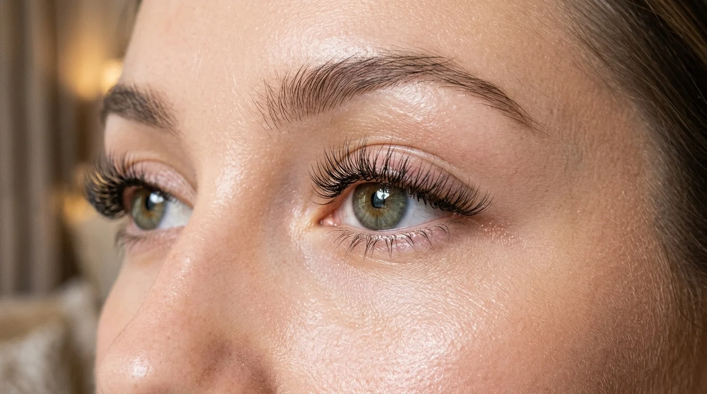 Close-up of wispy lashes aesthetic extensions with glossy texture