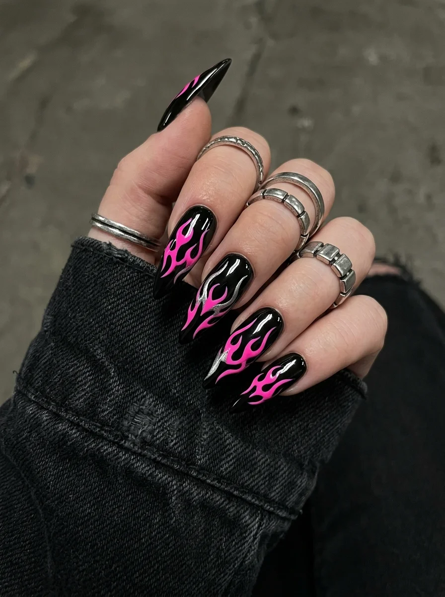 Lisa's Cyberpunk Stiletto Nails with Neon Pink Tribal Flames - blackpink nail designs (AI Generated Image)