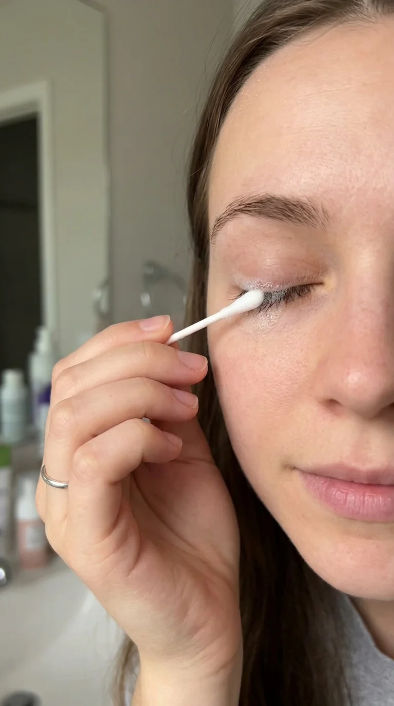 10 Secrets for Fluttery Long Lashes Without Extensions 17 Daily Lid Scrubbing & Clean Lash Hygiene for long lashes (AI Generated Image)