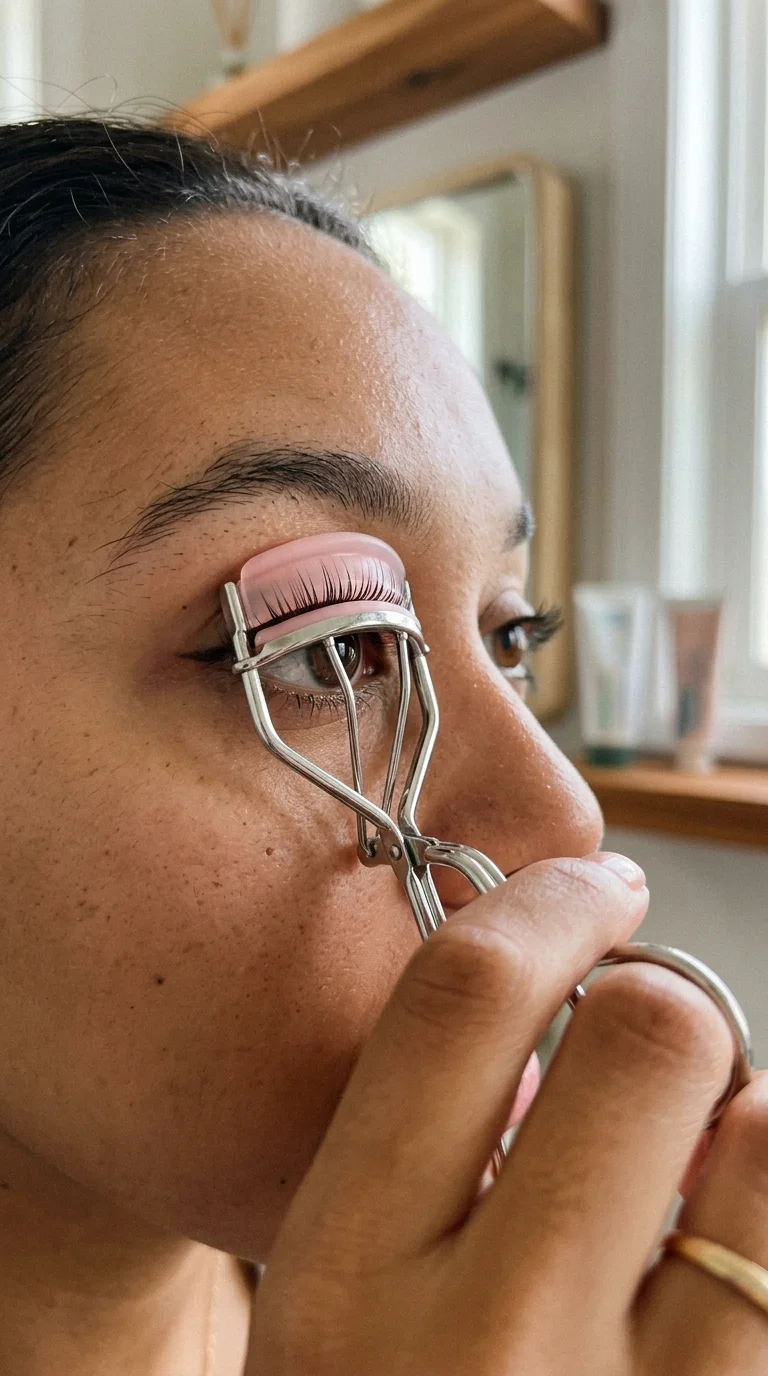 10 Secrets for Fluttery Long Lashes Without Extensions 16 Ergonomic Silicone Lash Curler Technique for long lashes (AI Generated Image)