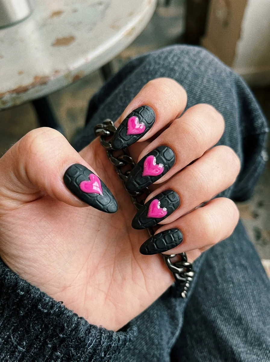 Matte Black Crocodile Skin Texture with High-Gloss Pink Hearts - blackpink nail designs (AI Generated Image)