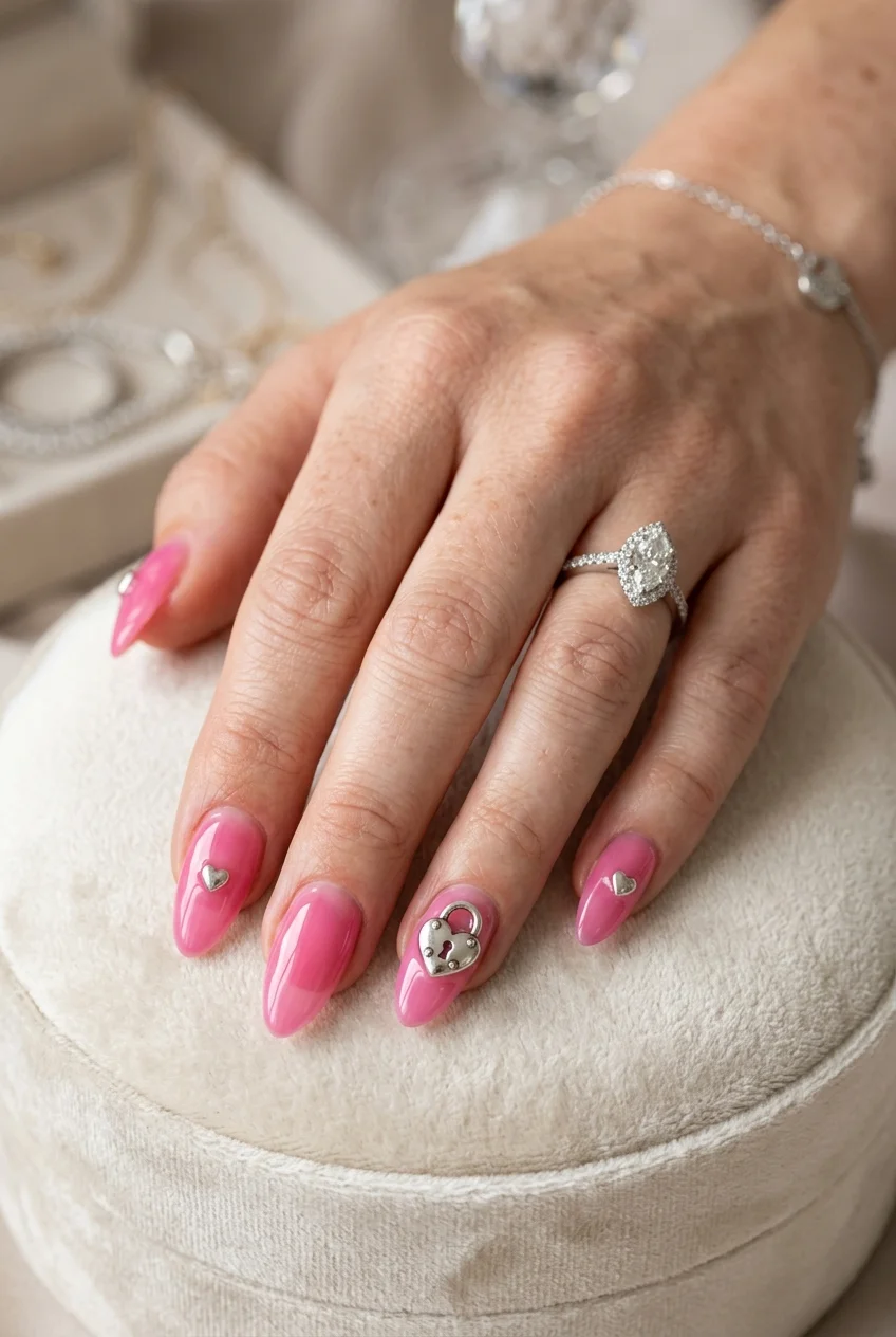 MAXIDENT Love-Letter Pink Syrup & 3D Heart Lock Nails - stray kids nail designs (AI Generated Image)