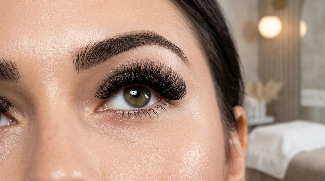 Dramatic mega volume eyelash extensions showing ultra-dense 0.03mm fluffy lash fans