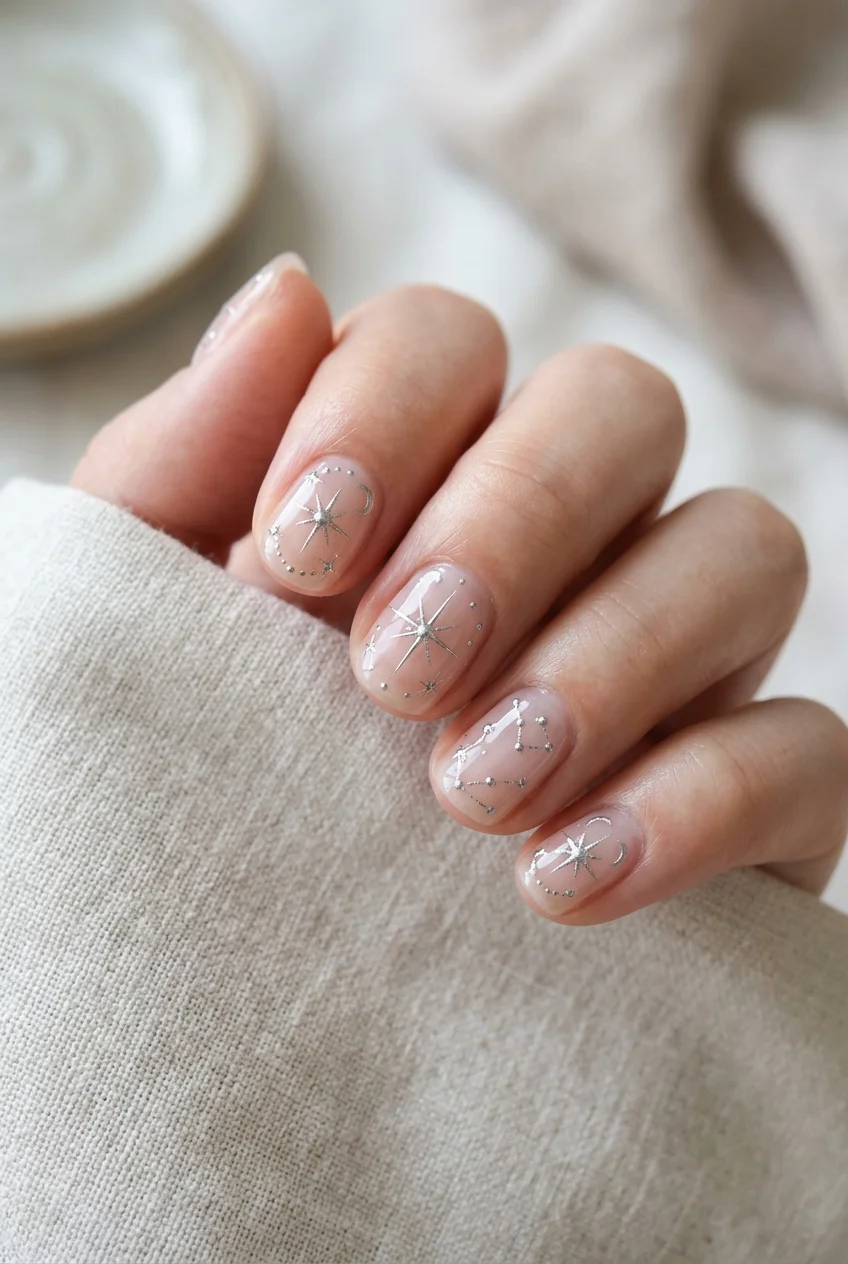 newjeans nail art minimalist silver micro chrome starbursts on glass base (AI Generated Image)