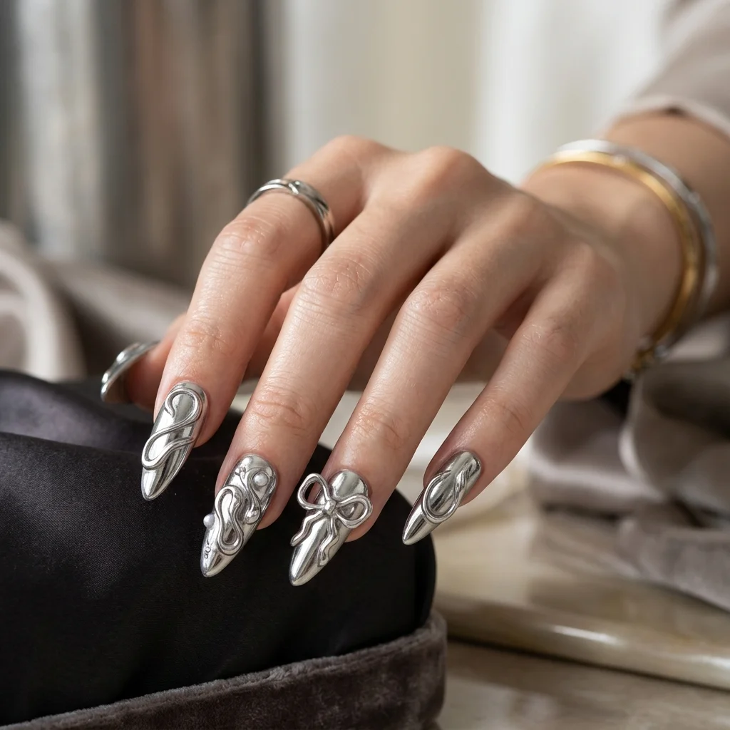 Molten Liquid Silver 3D Chrome Ribbons - aespa nail designs (AI Generated Image)