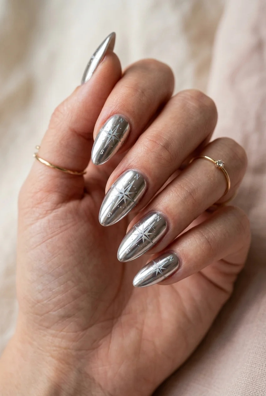 Nachimbong Compass Star Silver Holographic Strobe Nails - stray kids nail designs (AI Generated Image)