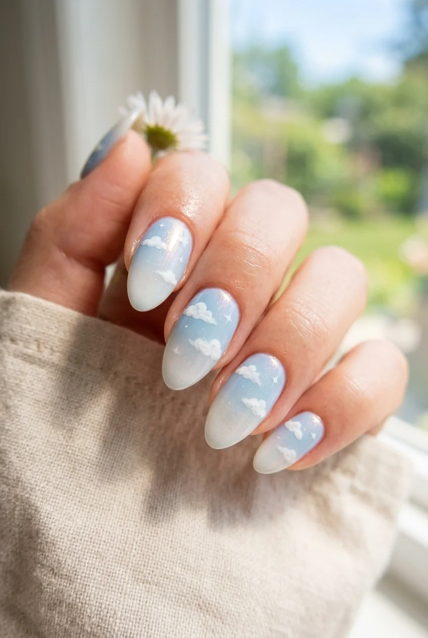 newjeans nail art newjeans signature blue and white cloud airbrush ombre nails (AI Generated Image)
