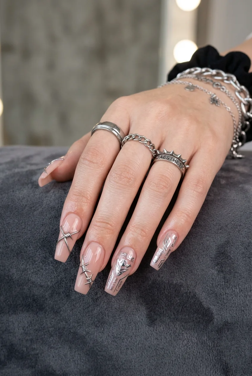 Next Level Titanium Barbed Wire & Sheer Ombré Nails - aespa nail designs (AI Generated Image)