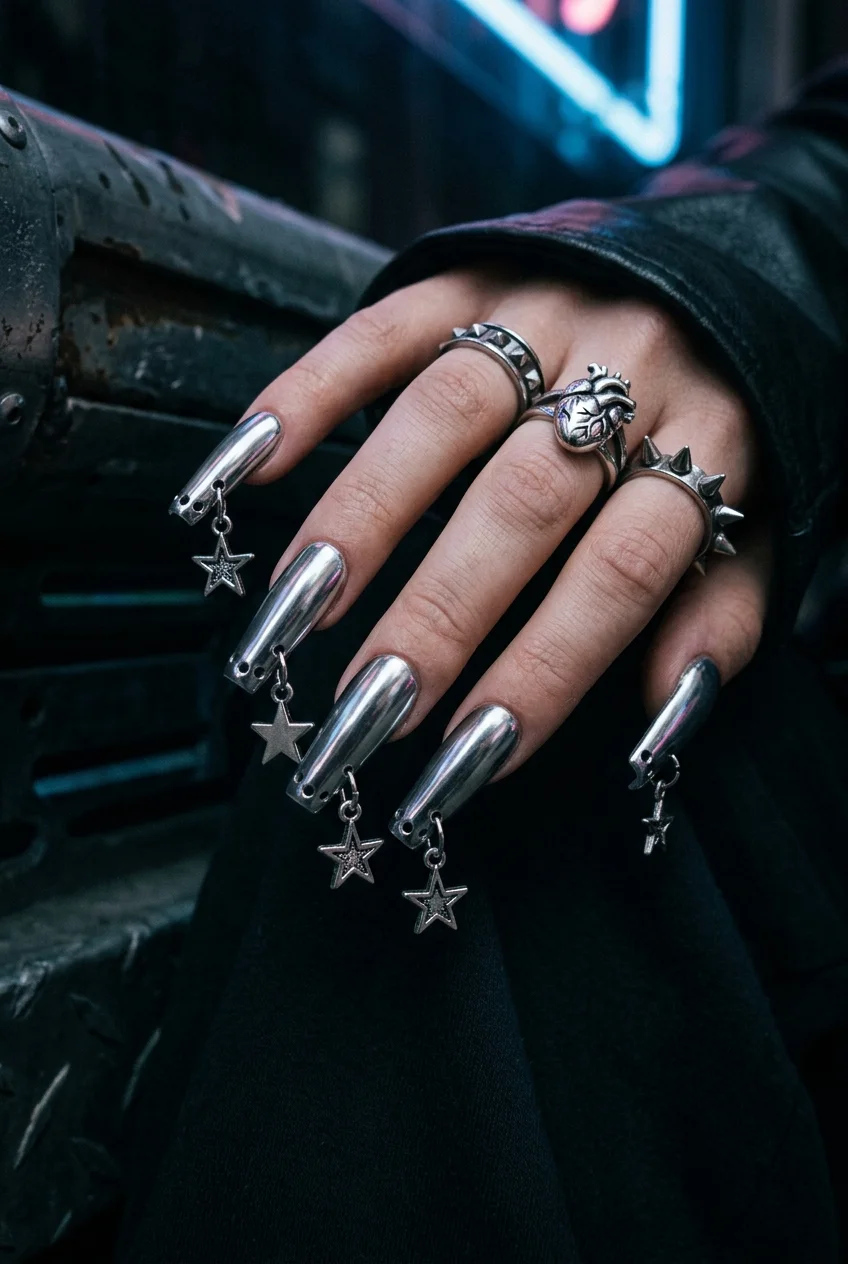 newjeans nail art omg metallic pierced coffin nails with dangling star charms (AI Generated Image)