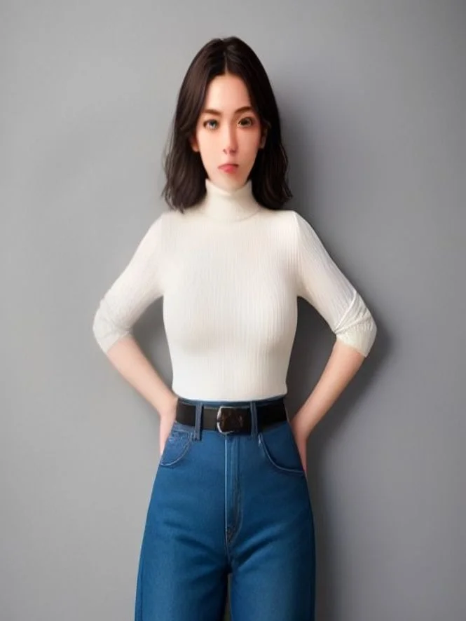 Cute school outfit for middle school: Ribbed Mock-Neck Top with High-Waisted Mom Jeans and Slim Leather Belt
