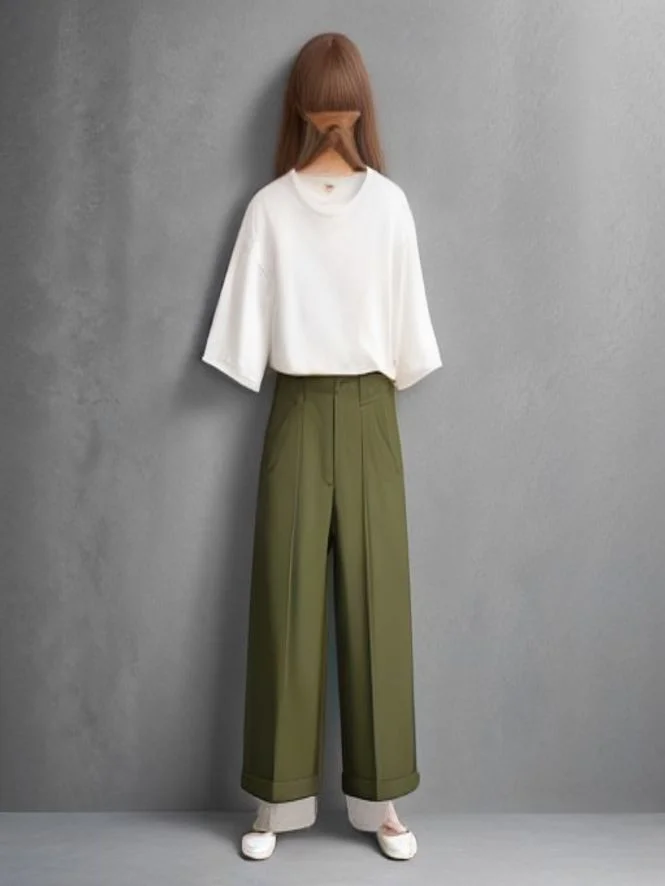 Cute school outfit for middle school: Tailored Wide-Leg Trousers with Tuck-In Basic Tee and Retro Canvas Trainers