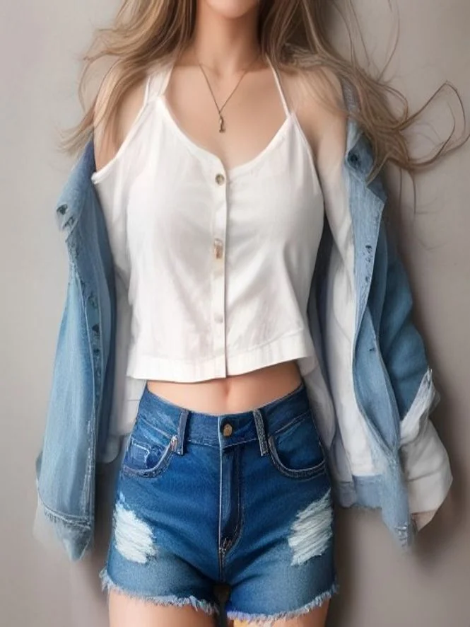 Cute school outfit for middle school: Button-Down Oxford Shirt Layered Over Crop Tank with Distressed Boyfriend Denim