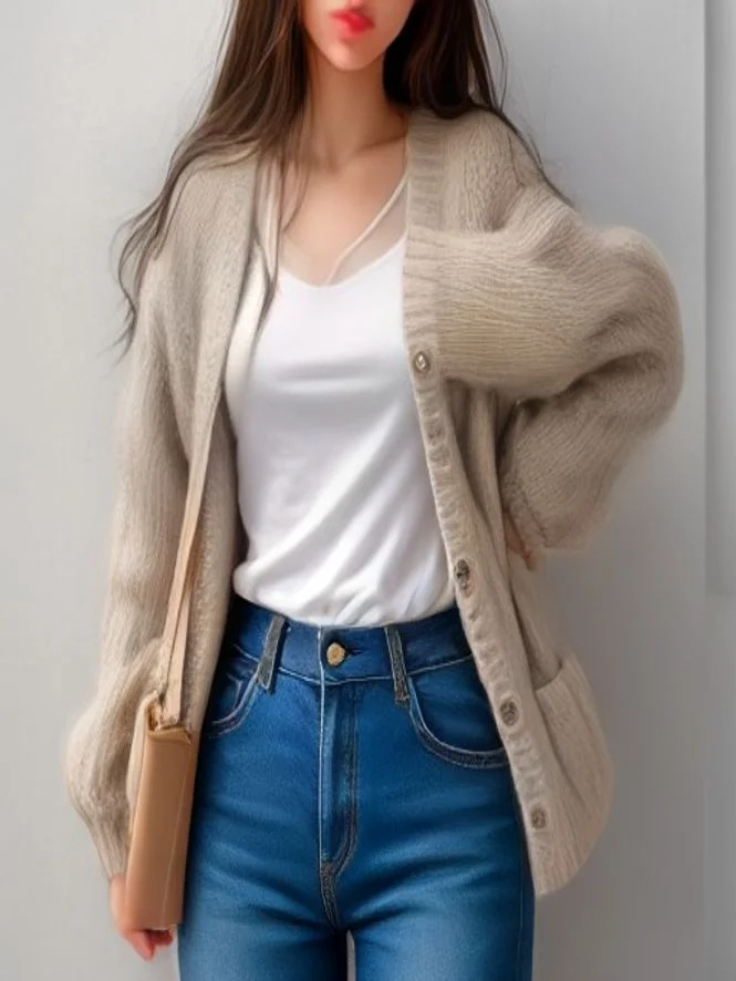 Cute school outfit for middle school: Classic High-Waisted Stretch Denim Jeans with Chunky Open Knit Cardigan and Canvas Tote