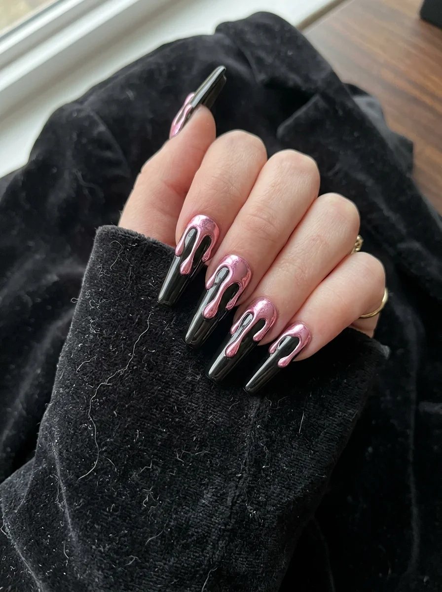 Pink Venom Metallic Chrome Drips on Glossy Jet-Black Coffin Tips - blackpink nail designs (AI Generated Image)