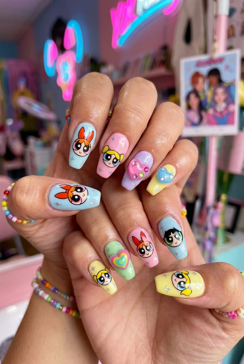 newjeans nail art powerpuff girls x newjeans cartoon character portrait nails (AI Generated Image)