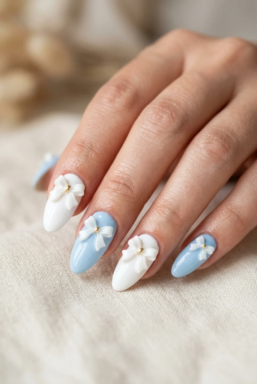 PuppyM Pure White & Sky Blue Coquette Bow Nails - stray kids nail designs (AI Generated Image)
